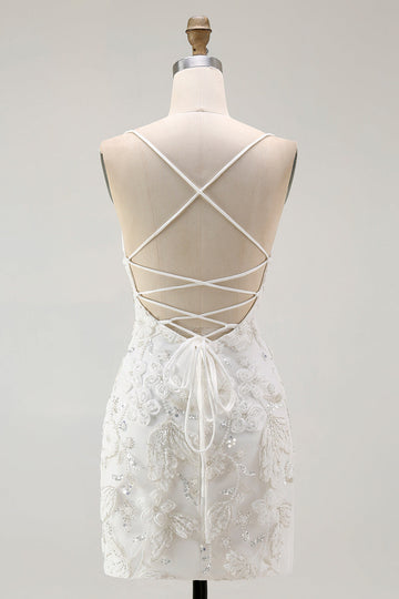 White Bodycon Spaghetti Straps Appliqued Cocktail Dress with Slit